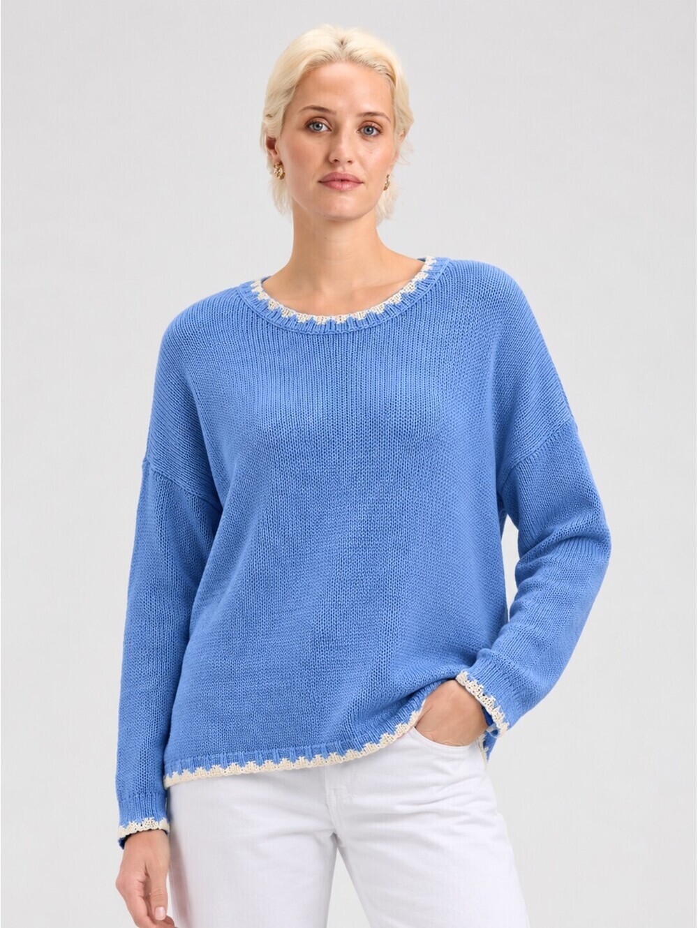 Zaket & Plover Women's M Light Blue 100% Cotton Contrast Trim Knit Sweater NWT